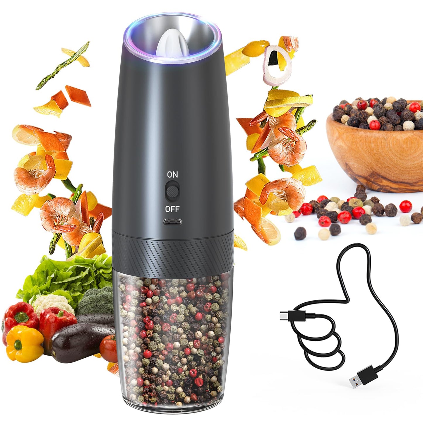 CIRCLE JOY Electric Pepper Grinder Rechargeable Gravity Sensor Pepper Mill with Adjustable Coarseness, Led Light, Upgraded Large Capacity Spice Ginder for Home Restaurant