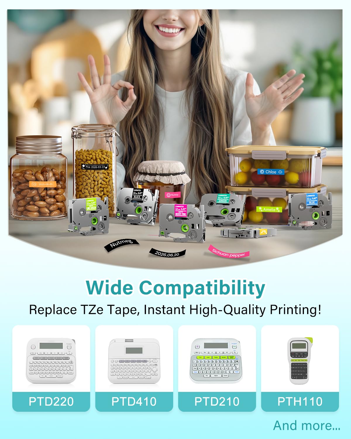 Replacement for Brother P-Touch Label Maker Tape TZe 12mm 0.47 Ribbon Laminated TZ Colored Refills Compatible with Brother P Touch PT-D210 D220 H110 1000 1280 D400 Cube, 1/2" x 26.2', 6 Pack