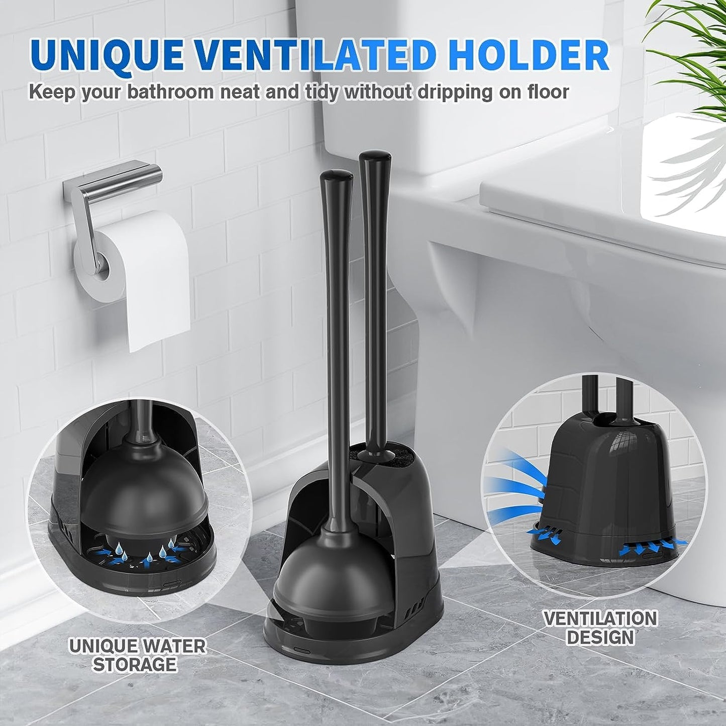Toilet Plunger and Brush, 2-in-1 Bowl Brush and Heavy Duty Toilet Plunger Set with Ventilated Holder Combo for 5.3-inch Toilet Drain Bathroom Cleaning (Black)