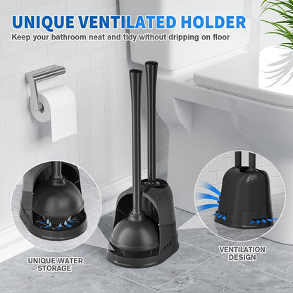 Toilet Plunger and Brush, 2-in-1 Bowl Brush and Heavy Duty Toilet Plunger Set with Ventilated Holder Combo for 5.3-inch Toilet Drain Bathroom Cleaning (Black)