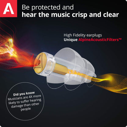 Alpine MusicSafe High Fidelity Music Ear Plugs for Noise Reduction - 2 Interchangeable Filter Sets - Professional Musician Hearing Protection - Hypoallergenic Reusable Soft Transparent Earplugs