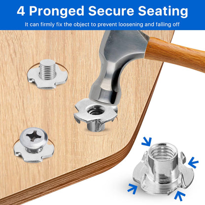 Akamino 100 Pack 1/4"-20 T-nut, 304 Stainless Steel Threaded Insert, 4-Pronged Tee Nut for Wood,Rock Climbing Holds,Cabinetry,Furniture