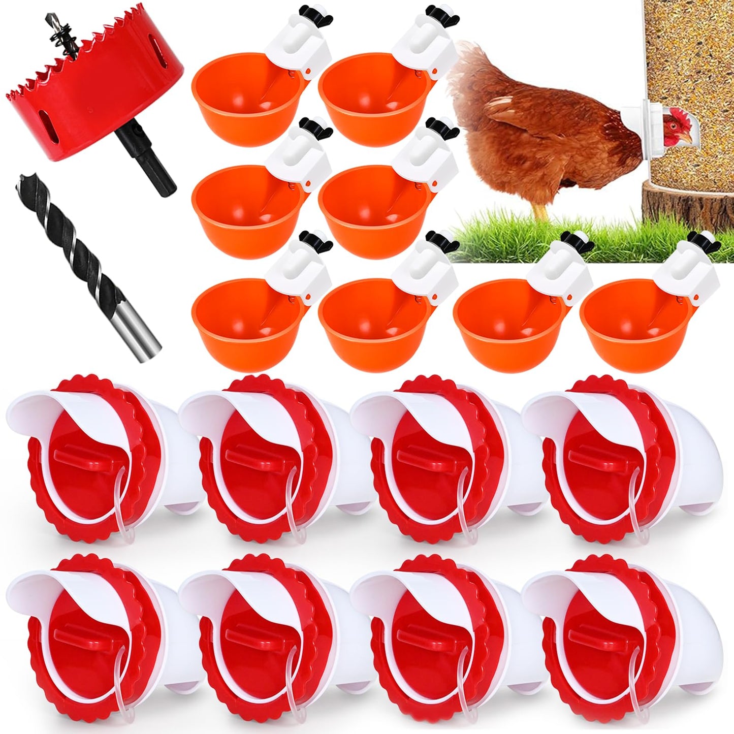 8PC Chicken Feeder & Waterer Combo Set - No Waste Automatic Poultry Feeders with Stopper Caps, 8 Ports & 8 Cups, Rodent-Proof Chick Waterer for Buckets, Chicken Coop Accessories,DIY Chicken Feeder