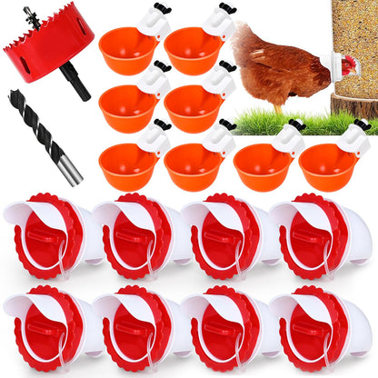 8PC Chicken Feeder & Waterer Combo Set - No Waste Automatic Poultry Feeders with Stopper Caps, 8 Ports & 8 Cups, Rodent-Proof Chick Waterer for Buckets, Chicken Coop Accessories,DIY Chicken Feeder