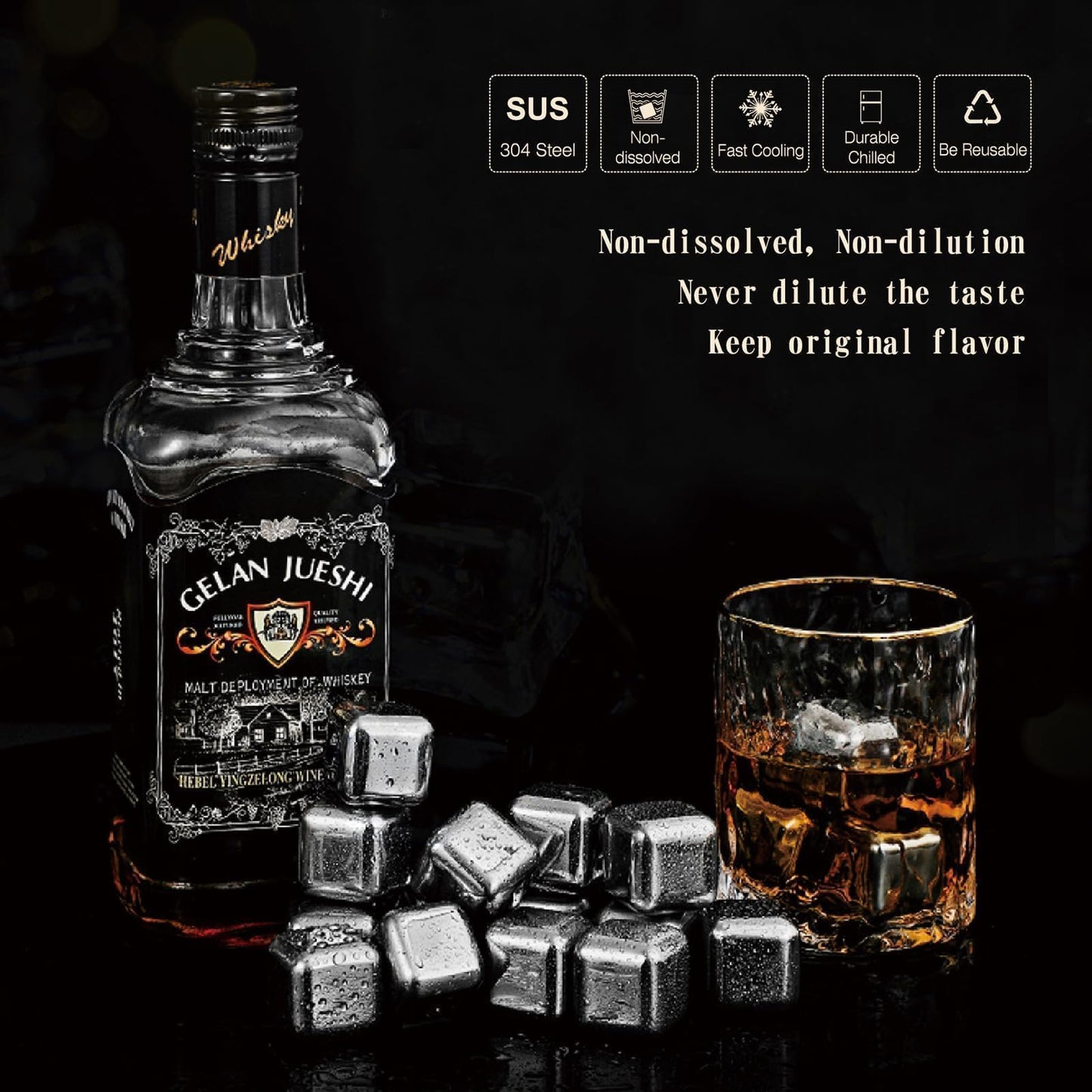SAICOOS Whiskey Stones 16 Pack,Reusable Ice Cubes, High Cooling Technology，Stainless Steel Ice Cubes, for Whiskey, Vodka, Liqueurs, Wine,Beverage Juice or Soda, Pack of 16…