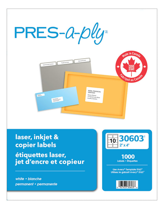 Pres-a-Ply Labels (PRFIX) 2 X 4 Inch White Laser & Inkjet Labels 1000 Count (30603) made In Canada for The Canadian Market