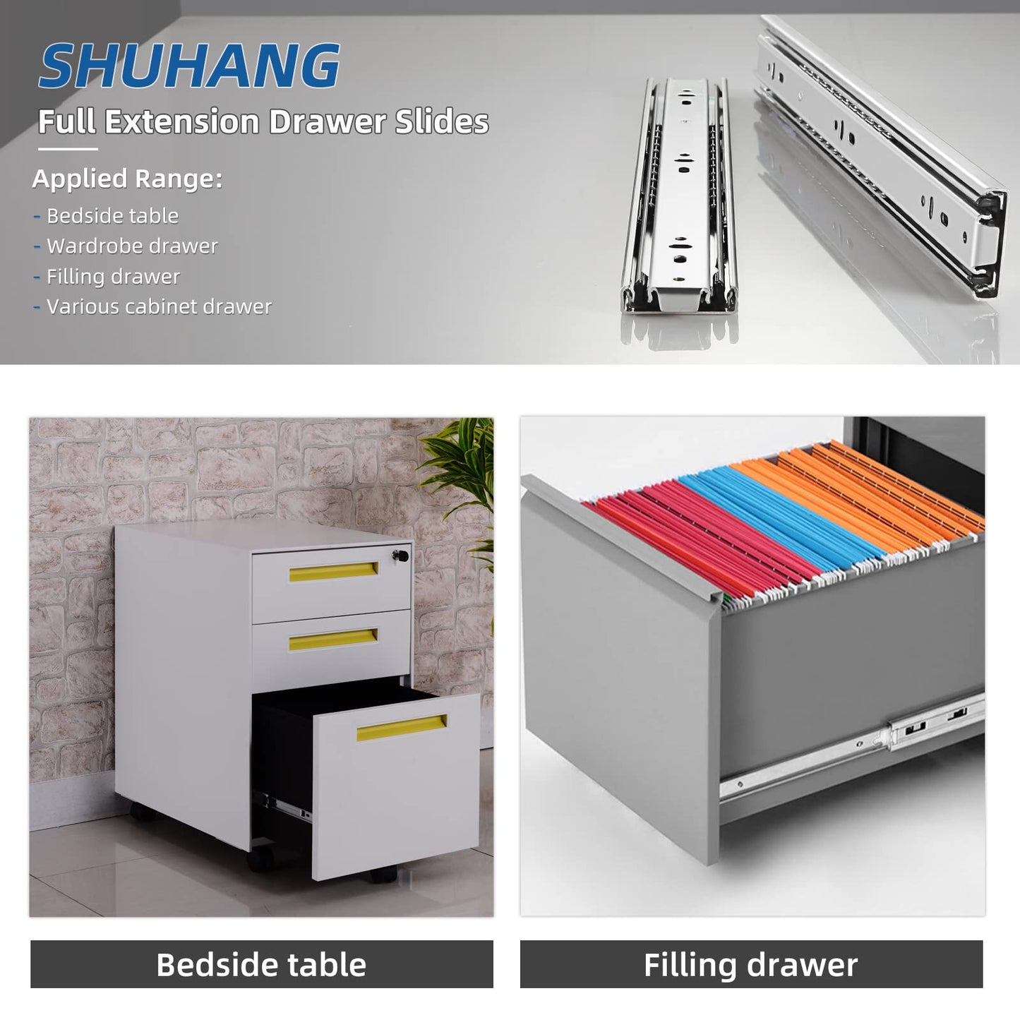 SHUHANG Full Extension Drawer Slides 8 10 12 14 16 18 20 22 24 Inch 100lb Load Capacity Side Mount Ball Bearing Glides Runners Rails Cabinet Dresser Wardrobe Kitchen Trash (16 Inch,1 Pair)