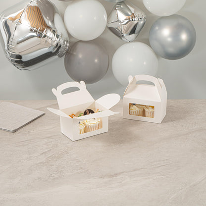 Restaurantware Gable Gift Boxes Pack of 100 Greaseproof Paper Treat Boxes 6 x 3.5 x 3.5 Inches With Window, Disposable Design White Containers for Weddings or Birthdays