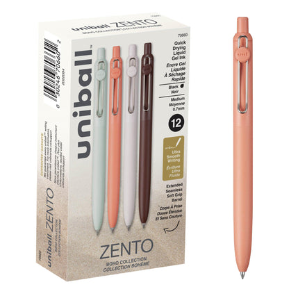 uniball Zento Liquid Gel Ink Retractable Pens, Medium Point (0.7mm), Boho Barrels, Black Ink, Dozen