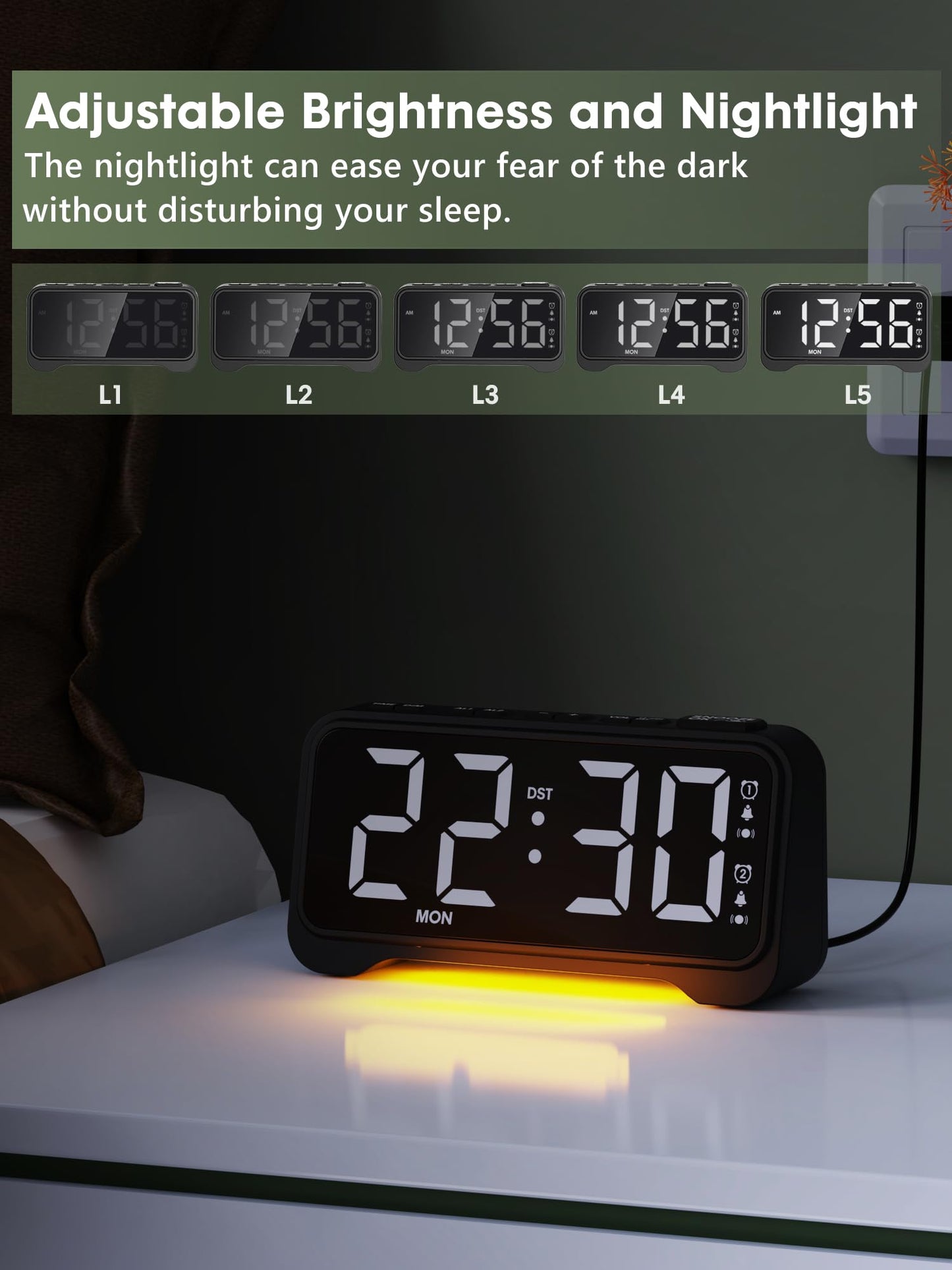 ROCAM Alarm Clock for Heavy Sleepers with Bed Shaker, Vibrating Alarm Clock Loud Dual Alarms, Brightness 0%-100% Weekday Weekend Mode, Power-Off Memory, Warm Night Light Clock for Bedroom
