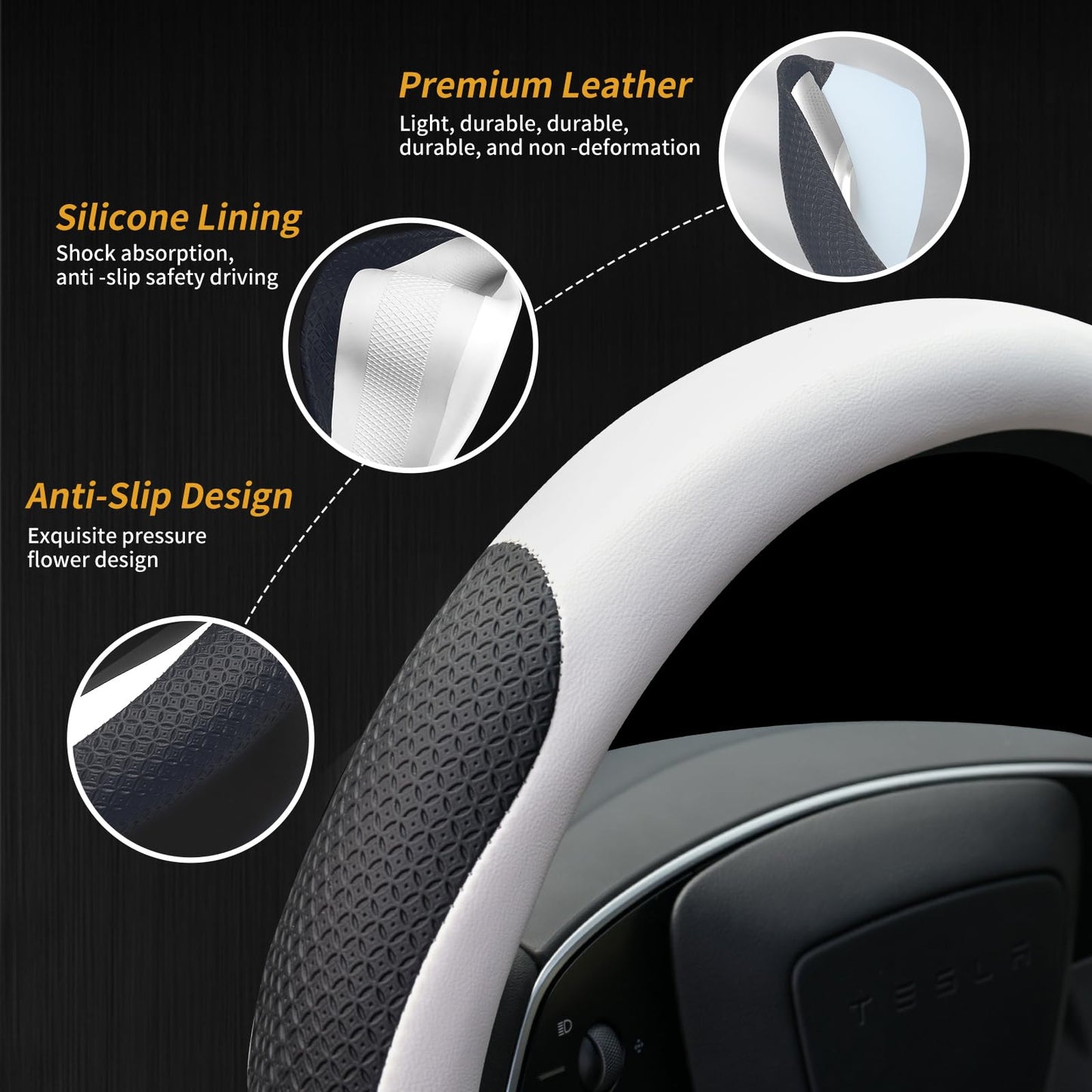 Uxcer Nappa Leather Steering Wheel Cover for Tesla Model 3/Y 2016-2025 2026 Juniper/Highland, Non-Slip Breathable Tesla Model 3/Y Steering Wheel Protector, White