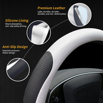 Uxcer Nappa Leather Steering Wheel Cover for Tesla Model 3/Y 2016-2025 2026 Juniper/Highland, Non-Slip Breathable Tesla Model 3/Y Steering Wheel Protector, White