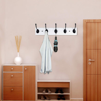 RUTAI Wall Mounted Coat Rack,Bamboo 17 inch Wall Hanging Shelf with 5 Black Dual Hooks for Hallway,Bathroom,Living Room,Bedroom,2 Pack,White