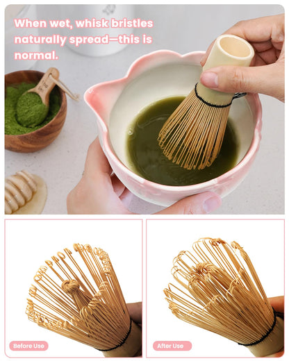 RoaGain Matcha Set, 7 Pcs Matcha Whisk Set, Pink 3D Bowknot Embellished Matcha Kit for Ceremony, Tradition Tea Set for Making Latte, Matcha Whisk Set with Bowl with spout,Gift for Tea Lovers