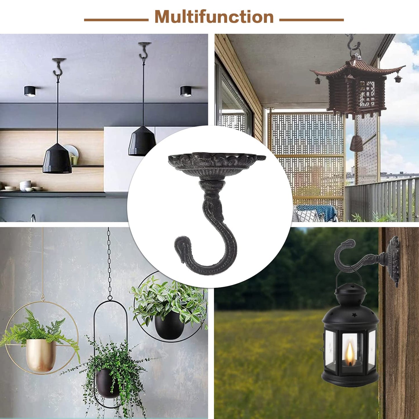 Sungmor Heavy Duty Ceiling Hooks for Hanging Plants, 2PC Black 3.5x3.9Inch Large Cast Iron Ceiling Hooks, Antique Decorative Ceiling Swag Hooks for Hanging Planter Chandelier Wind Chime Lantern Hanger