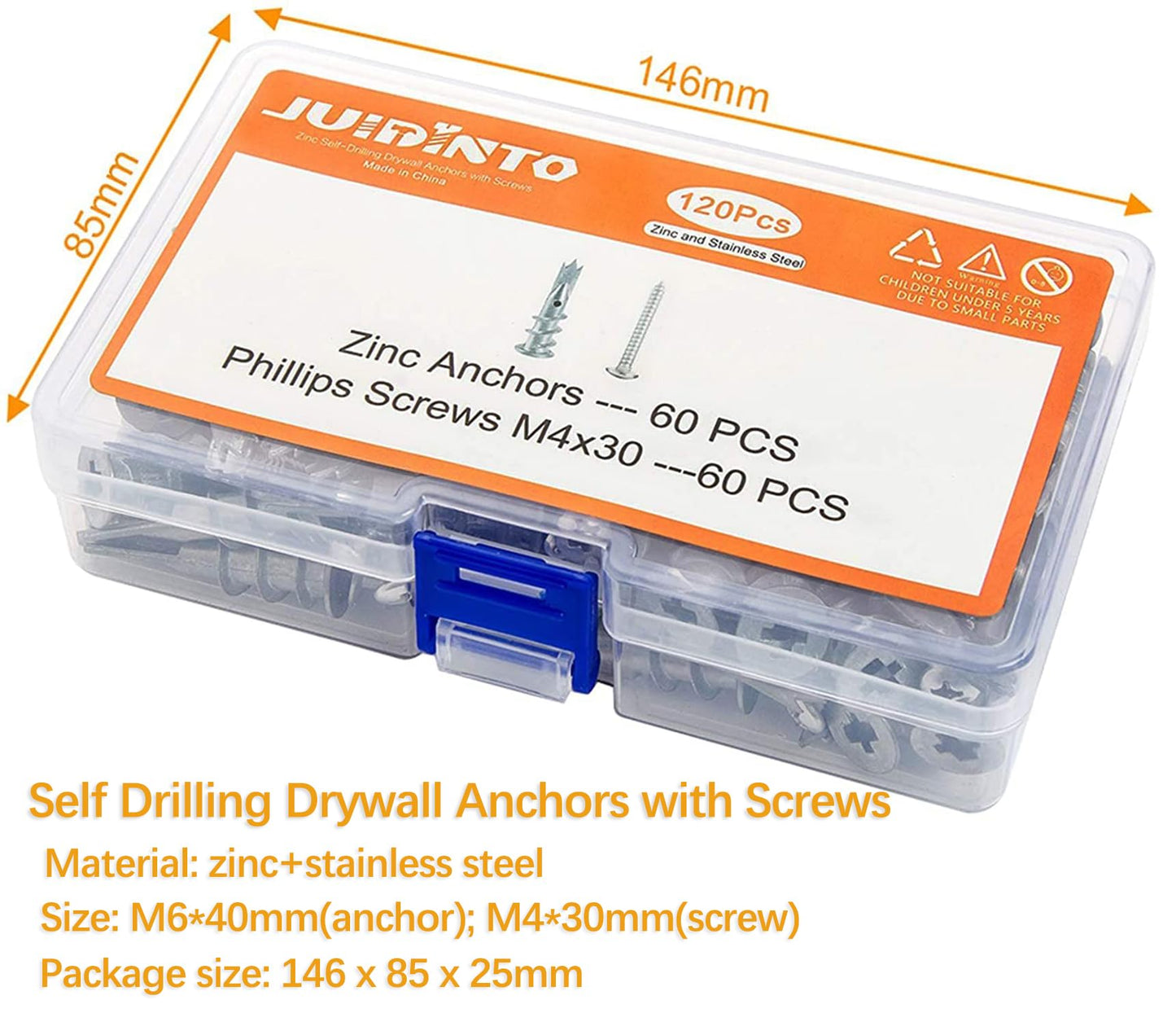 JUIDINTO Zinc Drywall Anchors with Screws Set, 6mm Self Drilling Hollow Wall Anchors and M4 Tapping Screws Assortment Kit, 120 pcs Anchors Screws