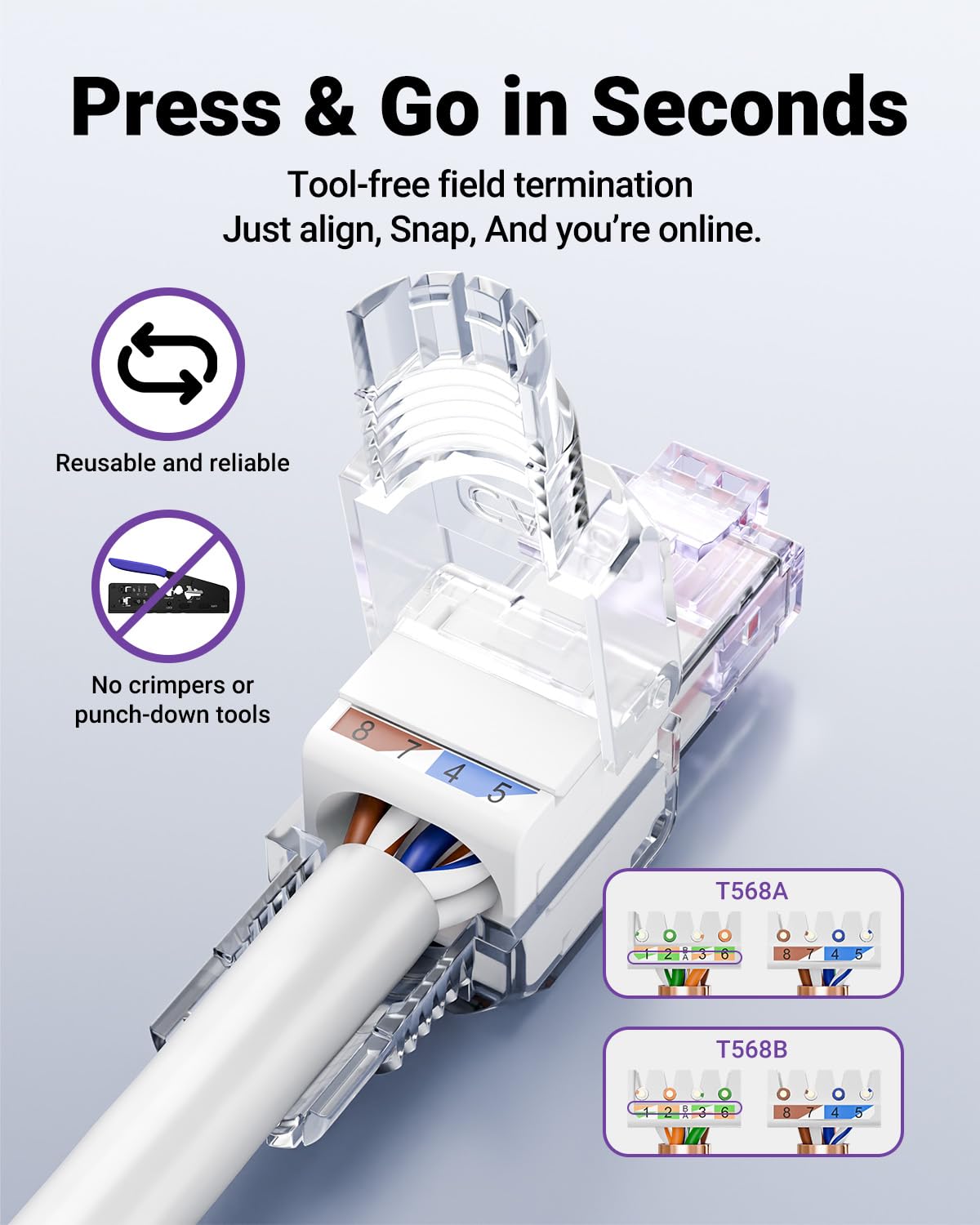 VCELINK CAT6 Tool-Free RJ45 Connector, No-Crimp Compact UTP Reusable Plug for Field Termination for 23-26 AWG Ethernet Cables, 1000 Mbps, Transparent Purple, 6-Pack