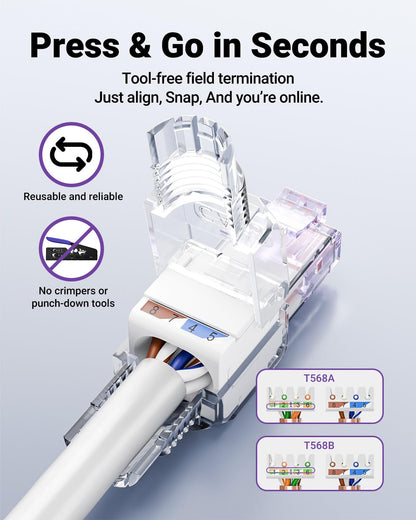 VCELINK CAT6 Tool-Free RJ45 Connector, No-Crimp Compact UTP Reusable Plug for Field Termination for 23-26 AWG Ethernet Cables, 1000 Mbps, Transparent Purple, 6-Pack