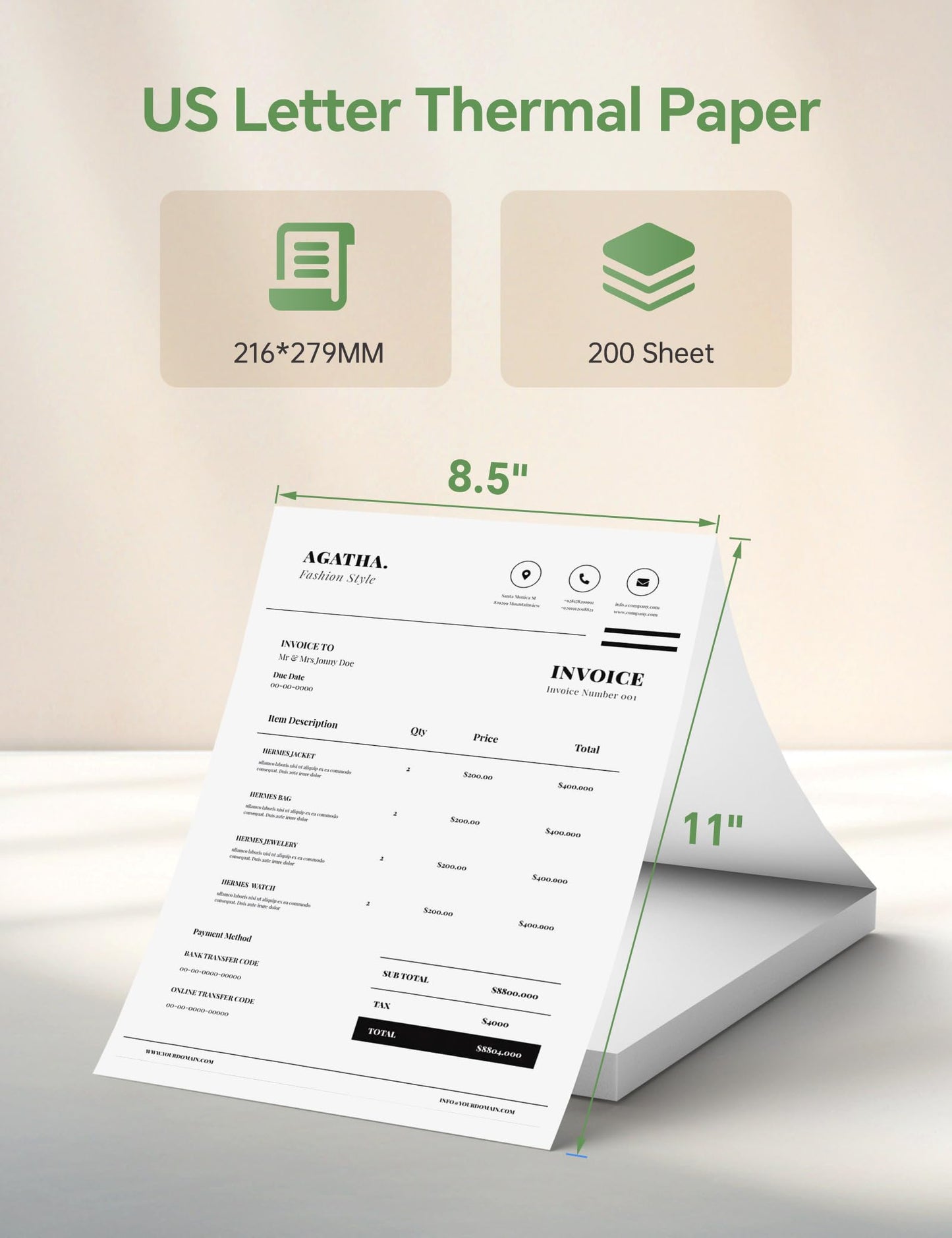 200 Sheets Thermal Printer Paper 8.5x11 US Letter Thermal Paper Compatible with MT610 Pro and Other Thermal Portable Printer
