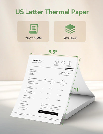 200 Sheets Thermal Printer Paper 8.5x11 US Letter Thermal Paper Compatible with MT610 Pro and Other Thermal Portable Printer
