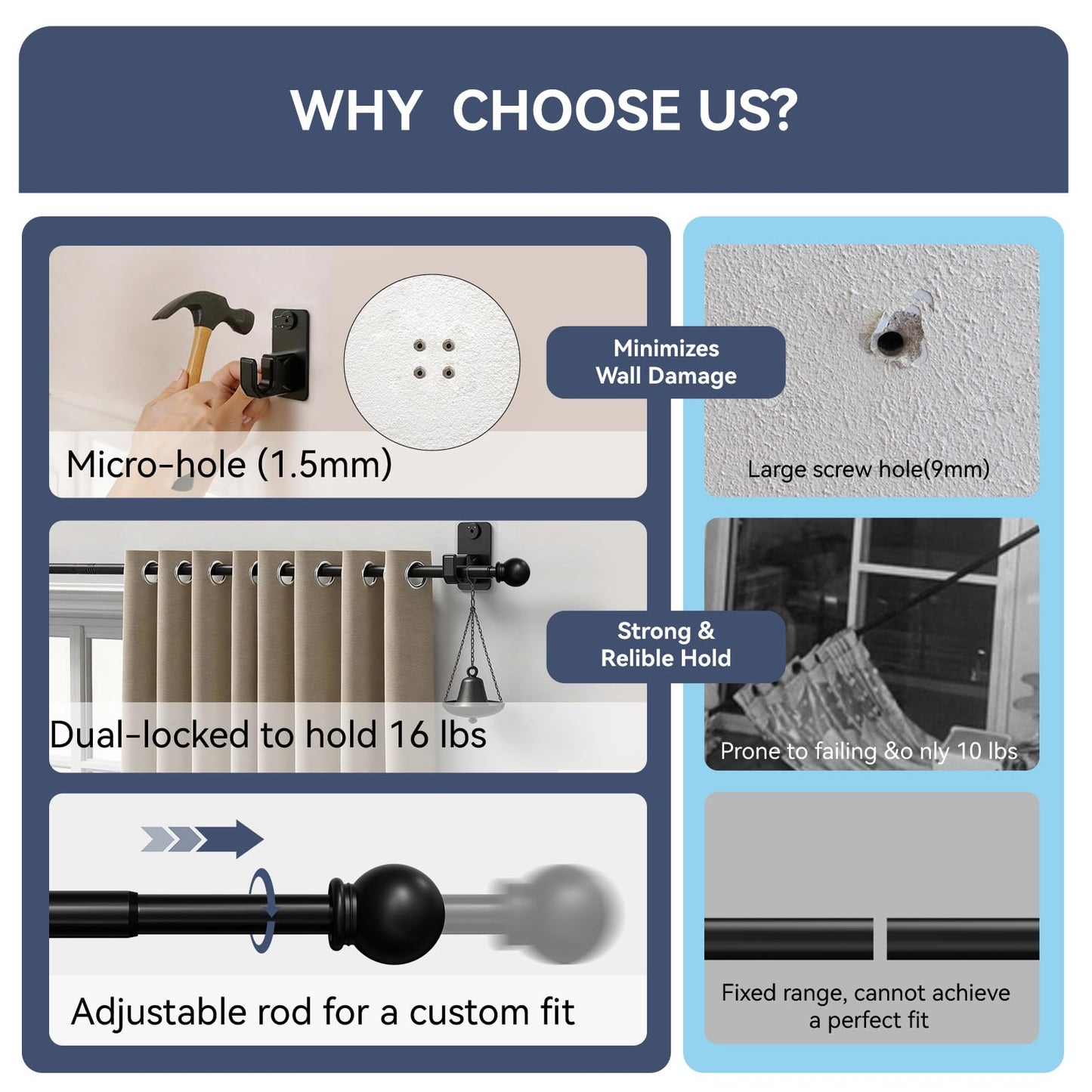 TRAROD No-Drill Curtain Rod for Windows 48 to 84 Inch - 2.0 Dual with Adhesive & Pin-Nail Mount System, 5/8" Diameter Renter Friendly & Minimal Wall Damage, Black Adjustable Drapery Rod