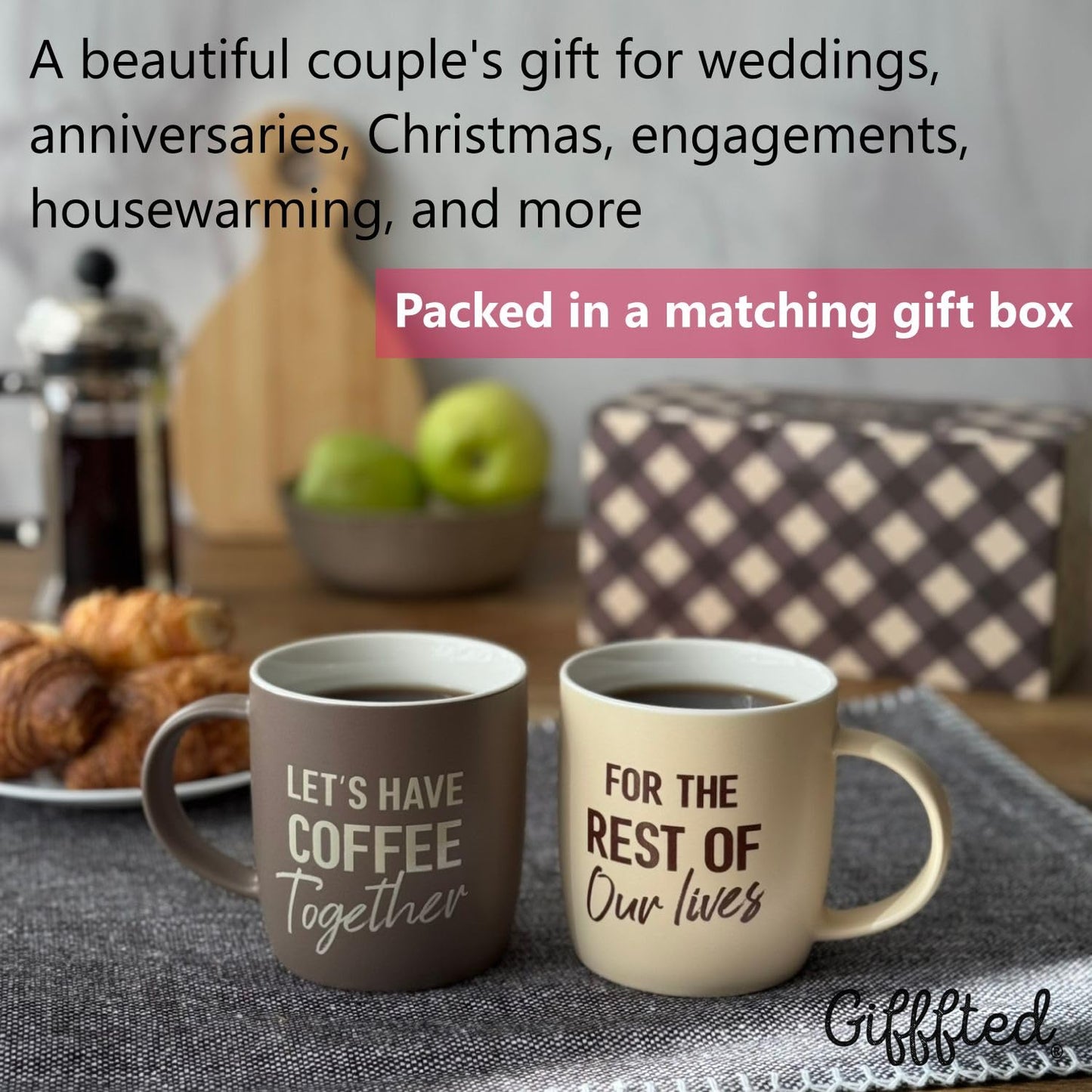 Triple Gifffted Let's Have Coffee Together Coffee Mug Set, Engagement Wedding Gifts for Couple, Bride and Groom Newlywed Bridal Shower, His and Hers, Mr and Mrs, Christmas, Valentine’s, Ceramic 13Oz