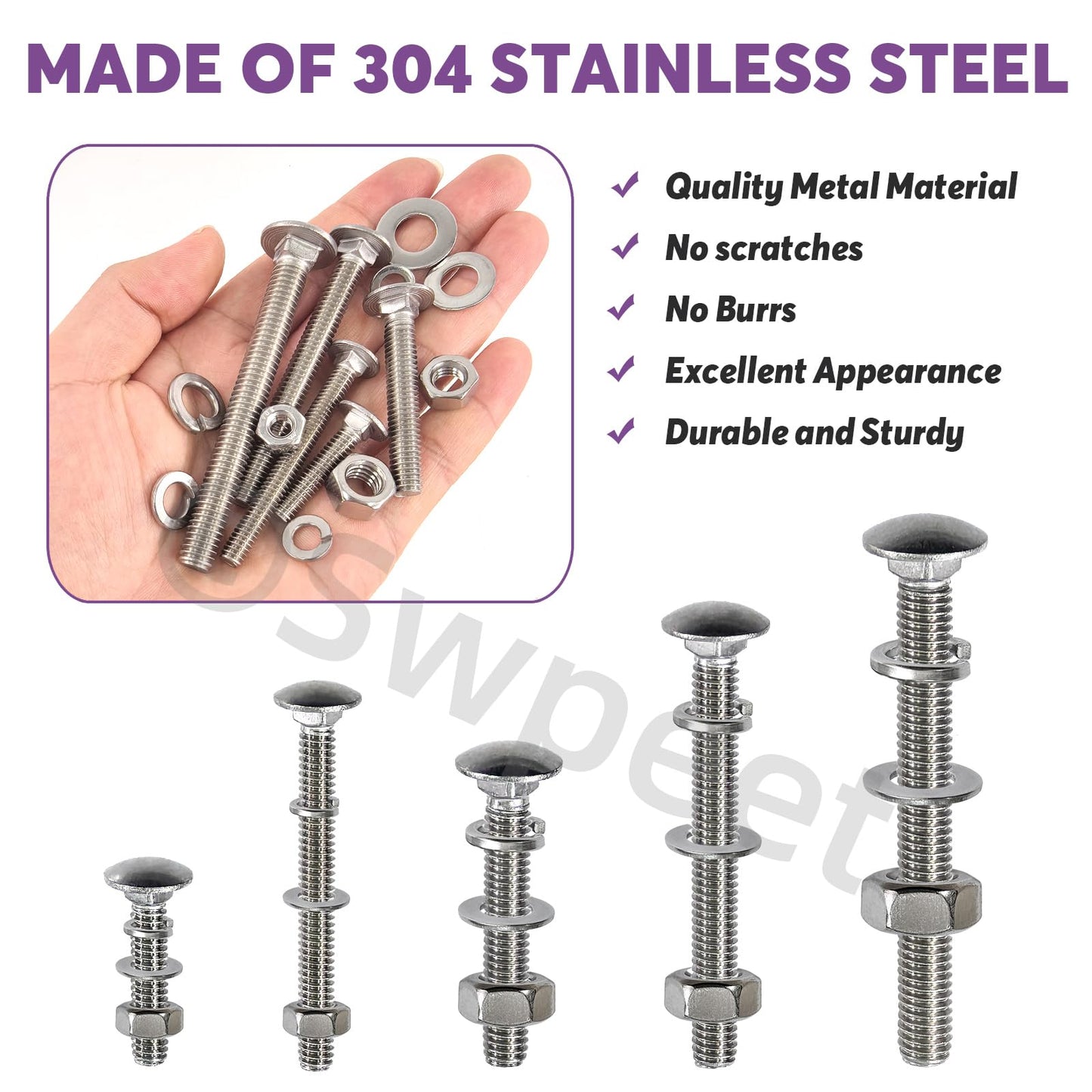 Swpeet 80Pcs 5 Sizes 1/4", 5/16", 3/8", Carriage Bolts Screws Nut Washer Assortment Kit, 304 Stainless Steel Round Head Square Neck Screws, Full Thread Carriage Bolts, Hex Nuts, Flat/Lock Washers