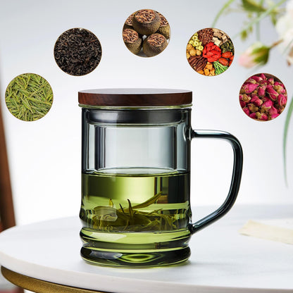 Unbreakable Glass Tea Cup with Infuser and Lid - 15oz Tea Mug for Loose Leaf Tea, Infusion Mug with Glass Filter and Wooden Lid