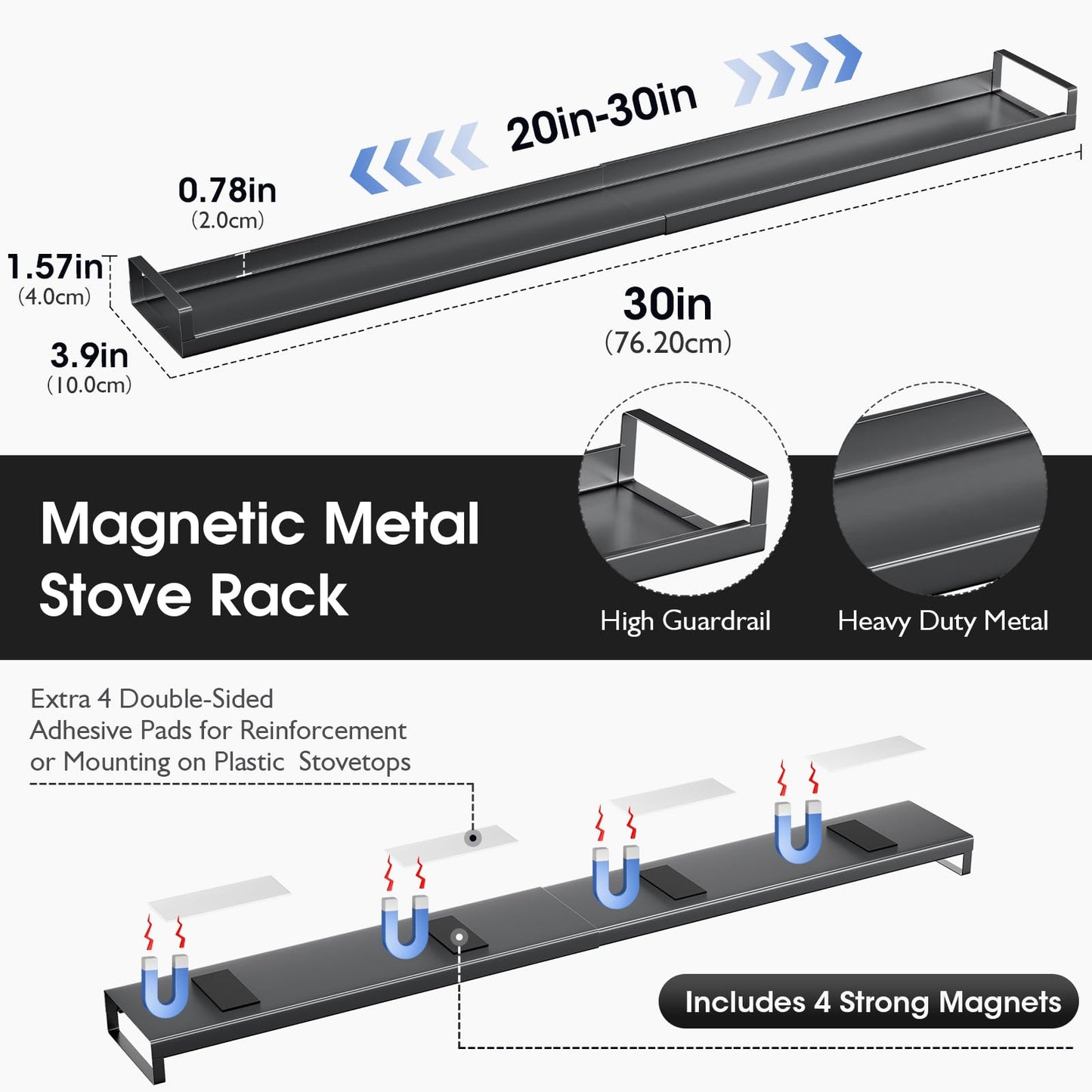 Bumusty Magnetic Shelf for Stove, Kitchen Shelf Magnetic Stove Top Shelf, 30" Expandable Over The Kitchen Organization for Flat Top Stove Only