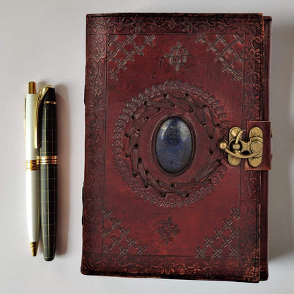 Tuzech Leather Journal Large Writing Notebook - Handmade Leather Bound Vintage Journal For Women and Men with Lock And Semi-Precious Stone Gift For Art Sketchbook, Travel Diary And Notebooks To Write In 7 by 5 Inches (Brown)