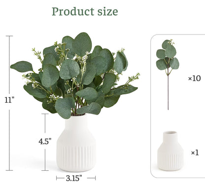 Dahey Artificial Eucalyptus Stems in Small Ceramic Vase Centerpiece Table Decorations Modern Farmhouse Decor Fake Eucalyptus Plants with Vase for Bathroom Kitchen Shelf Living Room Home Decor, White