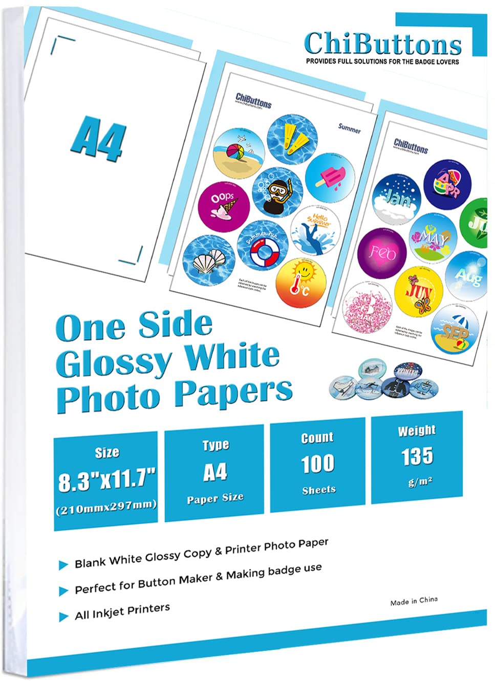ChiButtons One Side Glossy Photo Papers A4, 100 Sheets (135g, Specially for Button Maker use)
