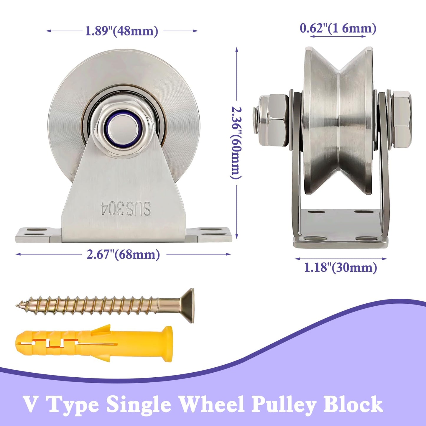 V Type Groove Wheel Pulley Stainless Steel Pulley Block Super Silent Single,Pulley Block for DIY Gym Equipment,Sliding Gate Detachable Duplex Bearing with Mounting Screws and Expansion Pipes