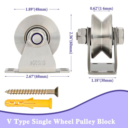 V Type Groove Wheel Pulley Stainless Steel Pulley Block Super Silent Single,Pulley Block for DIY Gym Equipment,Sliding Gate Detachable Duplex Bearing with Mounting Screws and Expansion Pipes