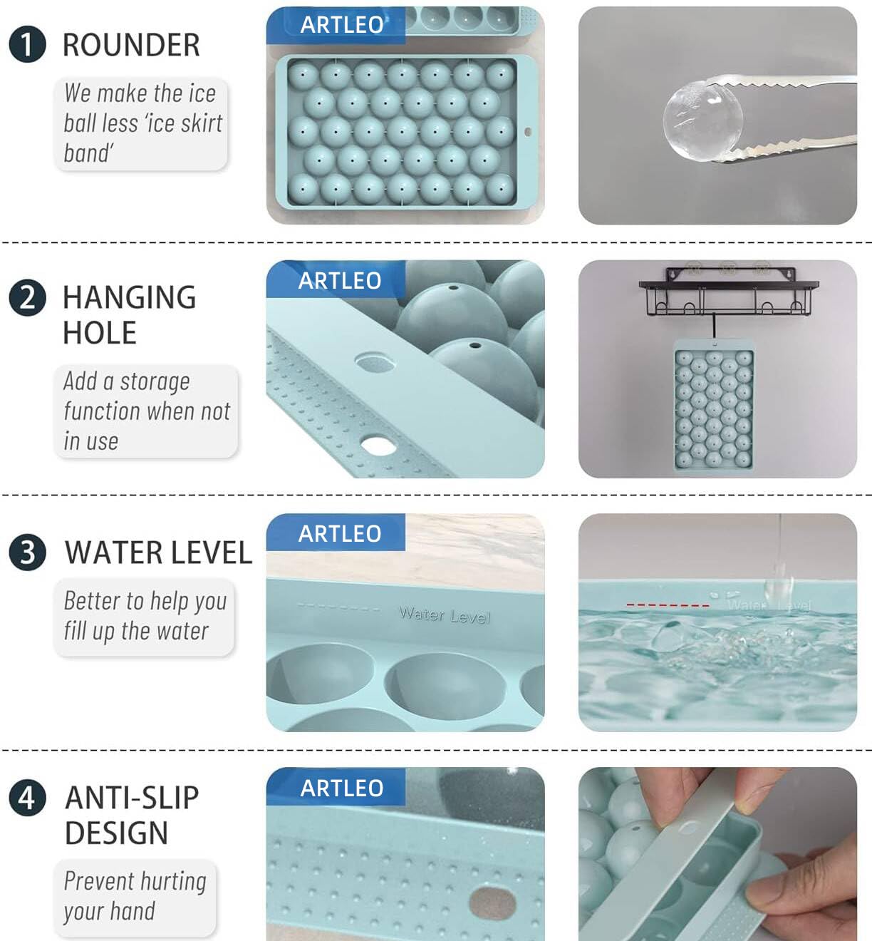 ARTLEO Round Ice Cube Trays 4 Pack for Freezer with Lid Bin, Upgrade Easy Release Ice Ball Maker Mold, Perfect 1.2IN*132 Sphere ice Trays, Freezer Ice Container with Lid, Ice Bucket Tong, Bpa Free