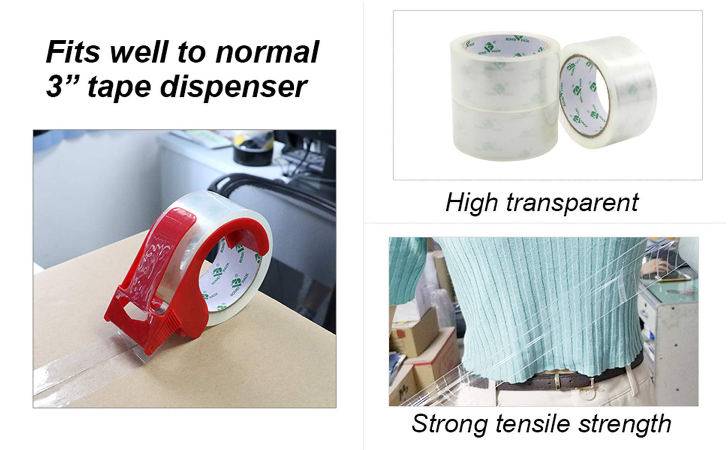 BOMEI PACK Packing Tape, Mailing & Storage Tape Clear, 1.88" x 100m, 6 Rolls with Hand-held Dispenser