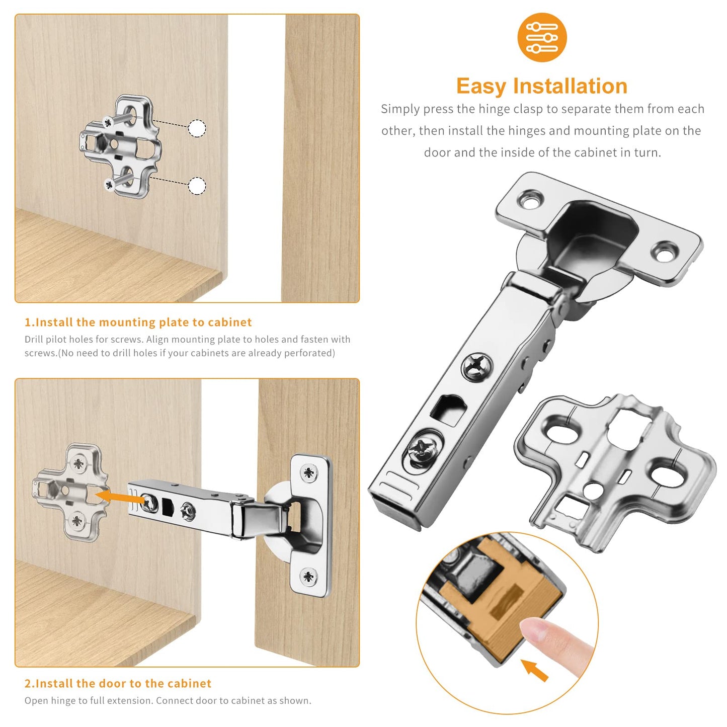 Chibery 4 PCS Full Overlay Soft Close Hinges, Clip ON Plate for Easy Installation, 105 Degree, Silent Hydraulic, Frameless European Concealed Hinges for Kitchen Cabinet Door, Wardrobes, and Bookcases