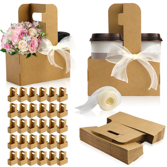 Zoyiancy 30 Pcs Kraft Flower Gift Bags, 2 Cup Drink Carrier with Handle, Floral Wrap Packing Box Paper Holder Basket for Appreciation Gift Birthday Party Favors