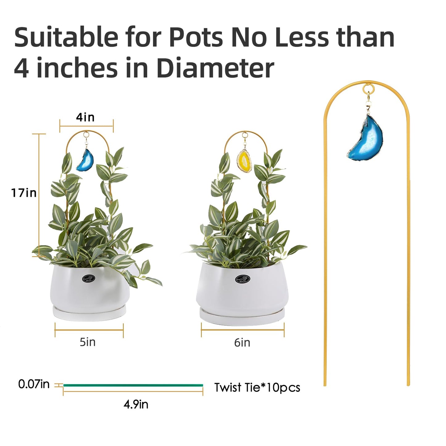 Ceiner 2PCS Small Gold Trellis for Climbing Plants Indoor, Mini Metal Houseplant Climber Support for Potted Plants, Boho Decorative Pot Lattice with Agate for Hoya, Pothos, Ivy, Philodendron