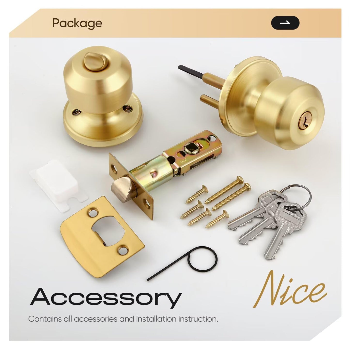 Leydebong 1 Pack Keyed Entry Door Knobs with Lock, Gold Door Locks, Interior and Exterior Door Lock, Reversible for Right/Left Handing
