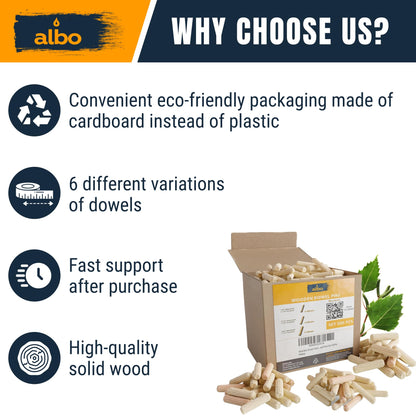 ALBO Wooden Dowel Pins 1/4 + 5/16 + 3/8 inch Fluted Wood Dowels Rods 500 Pack Hardwood Crafts Dowel Pegs