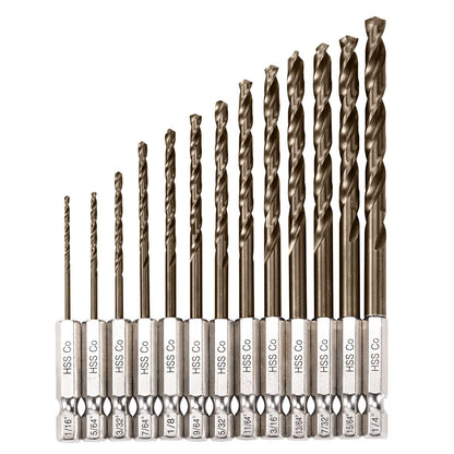 Sinyeenglon Cobalt Drill Bit Set for Hardened Metal and Stainless Steel, 13Pcs 1/16" -1/4" M35 HSS Hex Shank Impact Drill Bits, with Index Holder