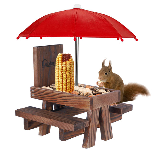 Squirrel Feeder Picnic Table with Umbrella, Lalafancy Carbonized Wood Squirrel Feeder for Outside Funny Chipmunk Feeder with Corn Cob Holder Structure Solid for Squirrel Gift