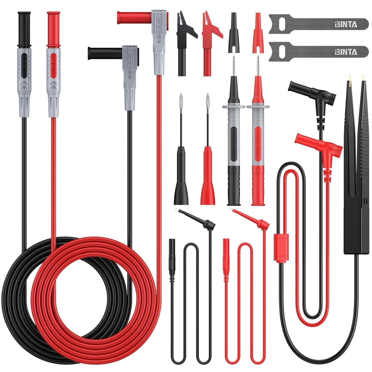 BINTA 11-Piece Multimeter Leads Kit CATII 1000V/ 19A with Alligator Clips Test Hooks Test Probes Tweezers, Professional Multimeter Leads Set for Industrial Car Home Digital Electrical Testing