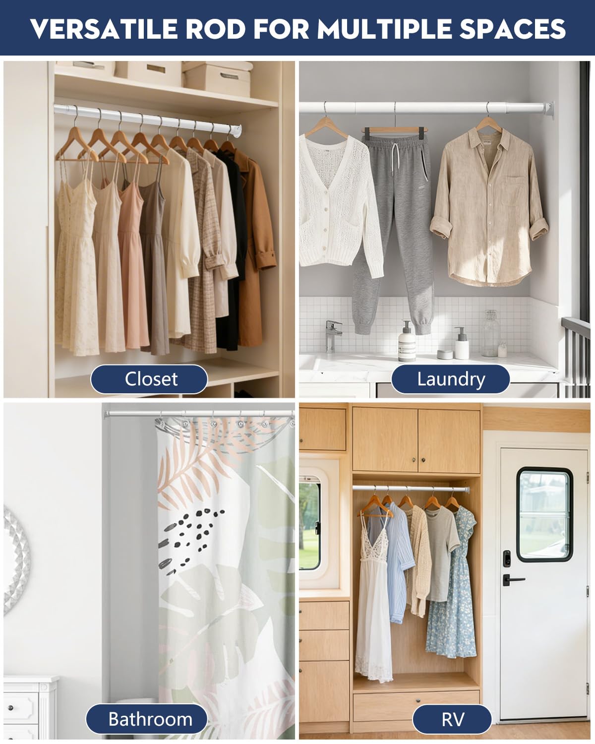 ASULUPHY Heavy Duty Closet Rod, 17-39 in Adjustable Closet Bar For Hanging Clothes, Telescopic Metal Closet Pole, Ideal for Laundry, Wardrobe, RV, Cloakroom, Bathroom-White
