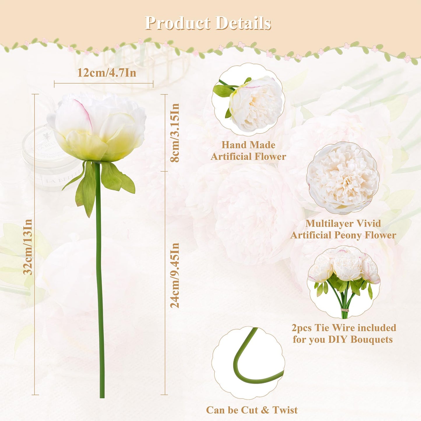U'Artlines 2 Bouquet 10Heads Artificial Peony Silk Flower Leaf Home Office Wedding Party Festival Bar Decor (White)
