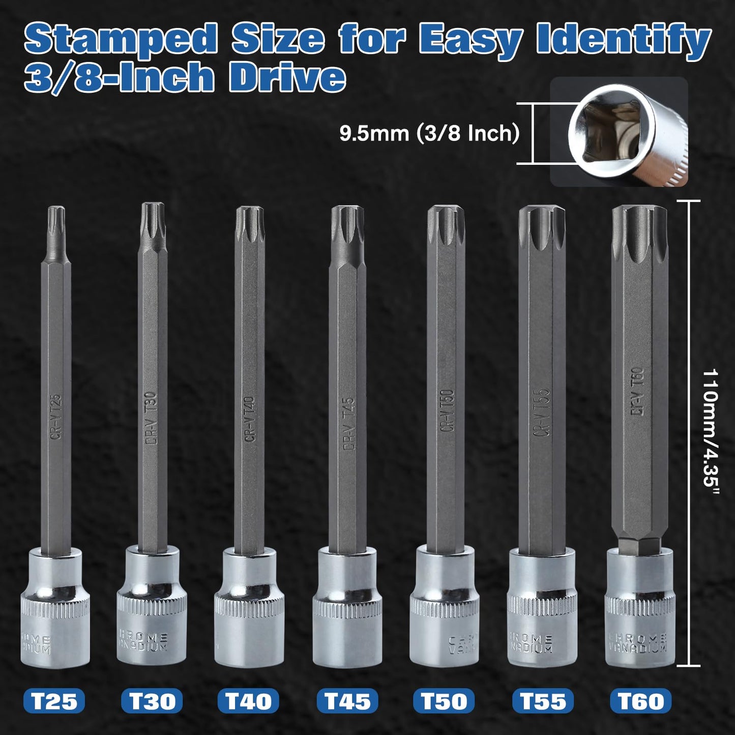 LEONTOOL Extra Long Torx Star Bit Socket Set 7 Piece T25-T60, 3/8" Drive 110mm Long Torx Bit Socket Set, Star Screwdriver Bit Set S2 Alloy Steel Impact Torx Socket Set with Portable Storage Case