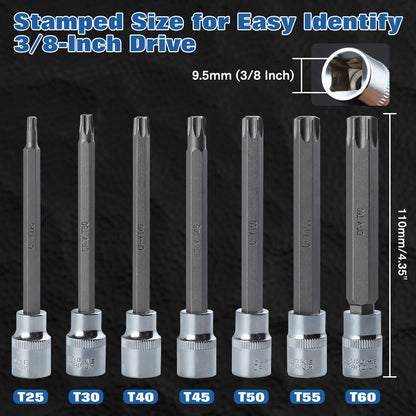 LEONTOOL Extra Long Torx Star Bit Socket Set 7 Piece T25-T60, 3/8" Drive 110mm Long Torx Bit Socket Set, Star Screwdriver Bit Set S2 Alloy Steel Impact Torx Socket Set with Portable Storage Case