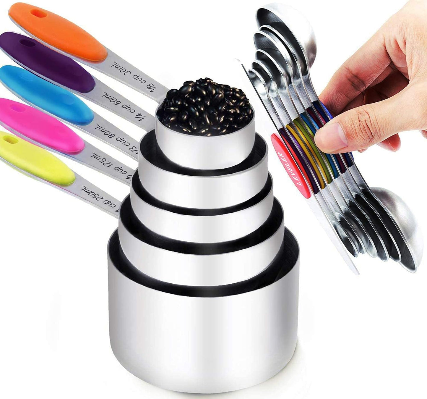 TILUCK Measuring Cups and Magnetic Measuring Spoons Set, Stainless Steel Measuring Cups, 6 Double-Sided Stainless Steel Measuring Spoons & 1 Leveler (5+7)