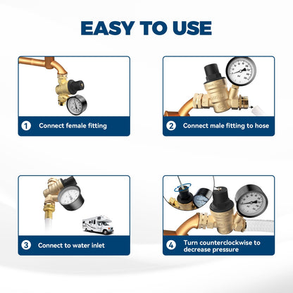RVGUARD RV Water Pressure Regulator Valve, Lead-Free Brass Adjustable Water Pressure Reducer with Gauge and Inlet Screen Filter for RV Camper Travel Trailer